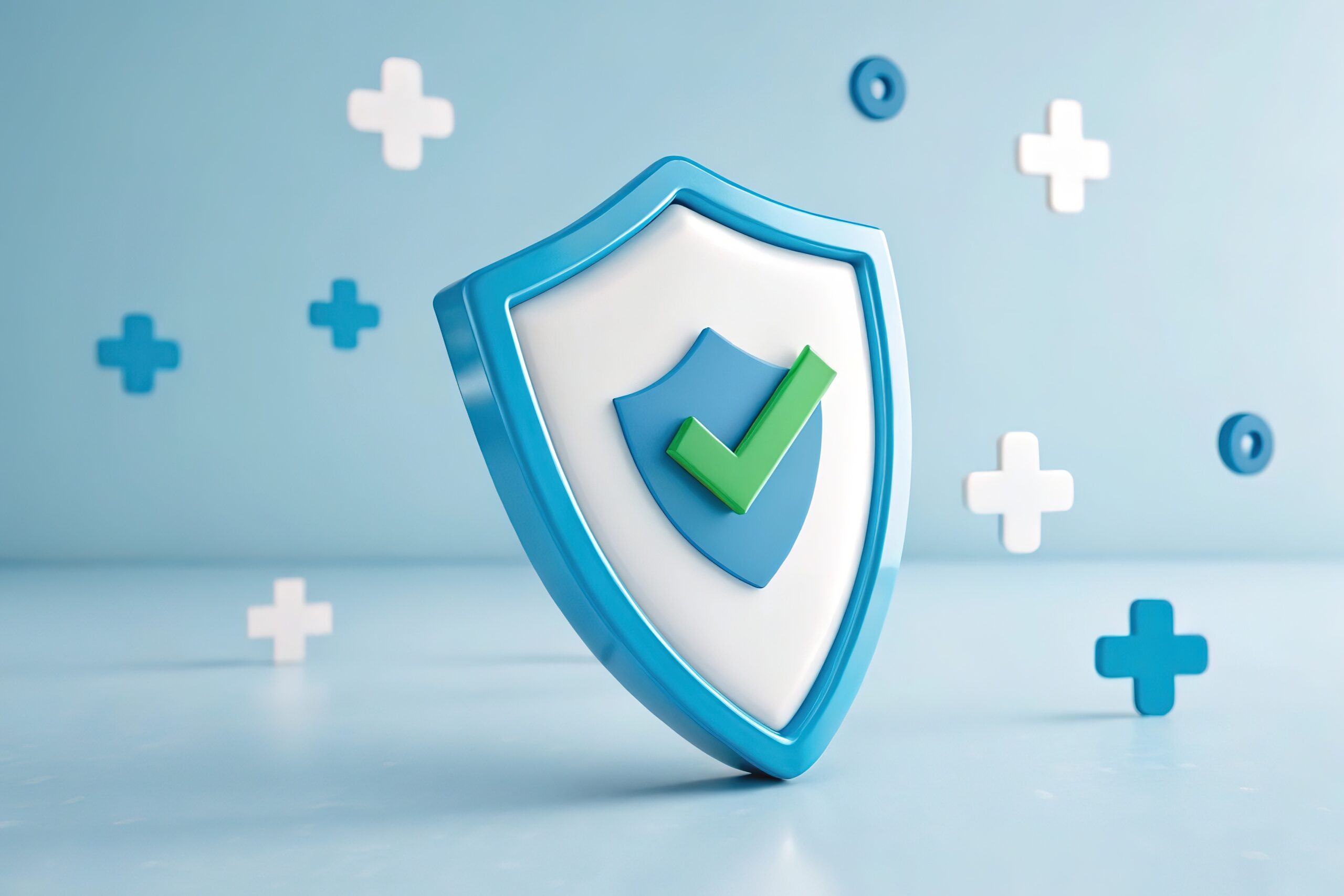 Blue and white shield with a green checkmark on a light blue background with plus symbols, symbolizing security, protection, and health safety.